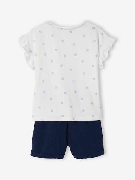 Conjunto de camiseta y short de gasa de algodón para niña azul marino+melocotón 