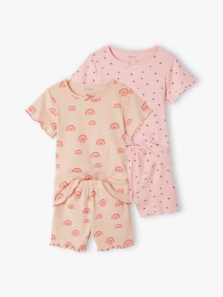 Pack de 2 pijamas con short de punto de canalé con estampados para niña rosa maquillaje 