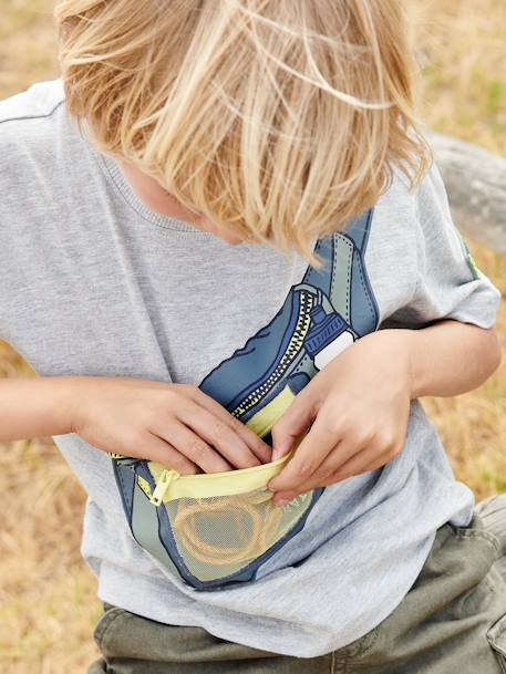 Camiseta con motivo de riñonera, efecto óptico y bolsillo con cremallera para niño gris jaspeado 