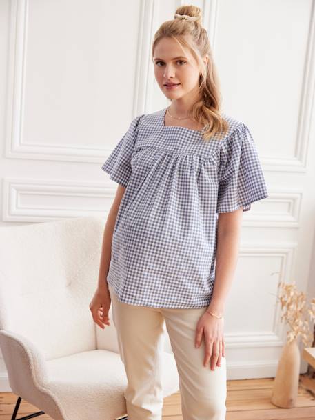 Blusa de embarazo a cuadros vichy azul grisáceo 