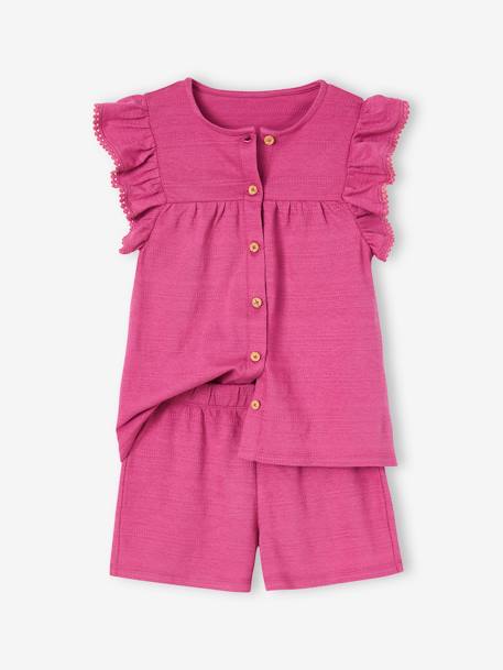 Conjunto para niña: top con volantes y short de punto fantasía rosa peonia 