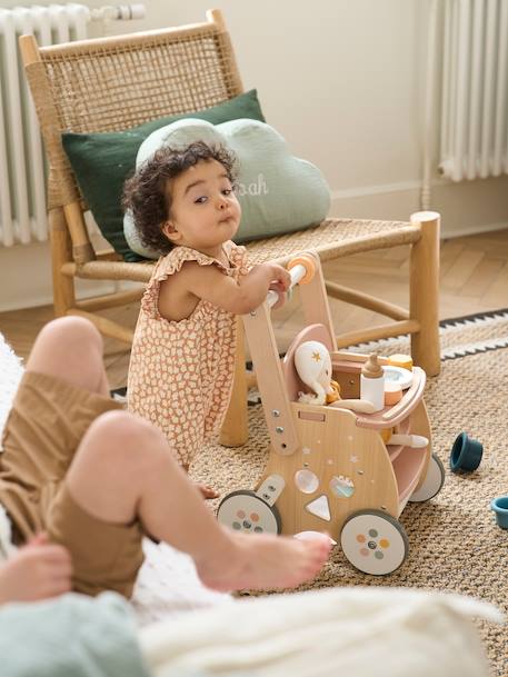 Carrito andador con silla para muñeca de madera FSC® rosado+verde 