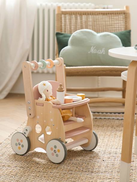 Carrito andador con silla para muñeca de madera FSC® rosado+verde 