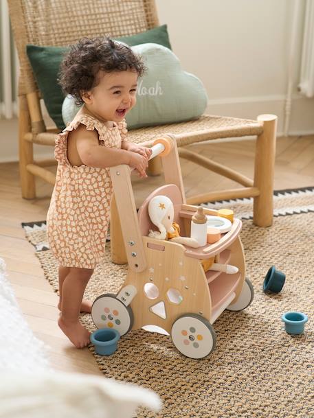 Carrito andador con silla para muñeca de madera FSC® rosado+verde 