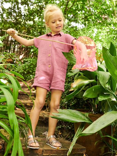 Mono short de gasa de algodón para niña amarillo pastel+rosa peonia 