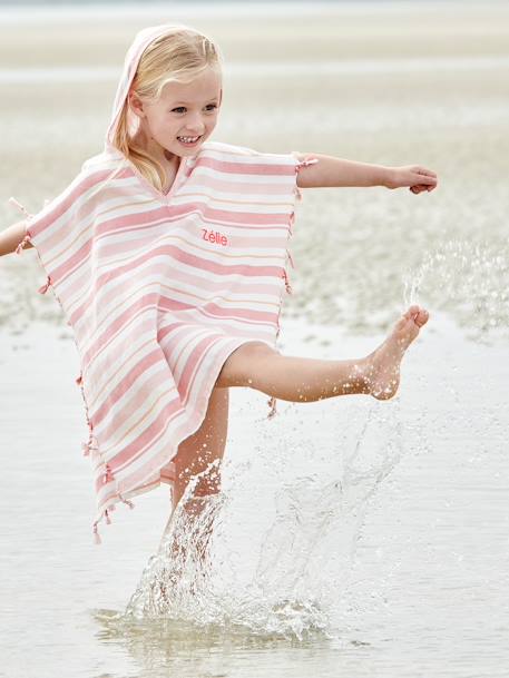 Poncho infantil al estilo Fouta a rayas y personalizable rayas azul+rayas rosa 