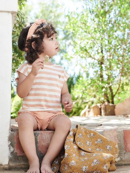 Conjunto para bebé: short, camiseta a rayas y cinta del pelo naranja 