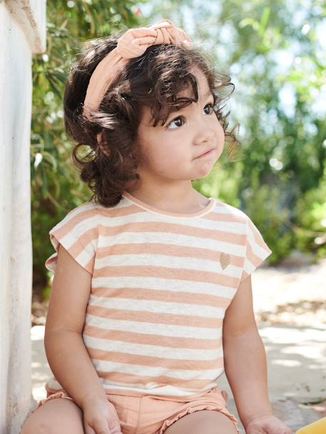 Conjunto para bebé: short, camiseta a rayas y cinta del pelo naranja 