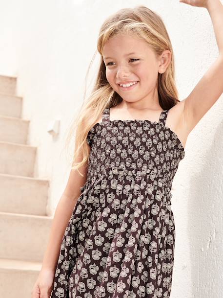 Vestido largo con tirantes finos y smocks para niña gris oscuro 