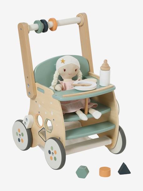 Carrito andador con silla para muñeca de madera FSC® rosado+verde 