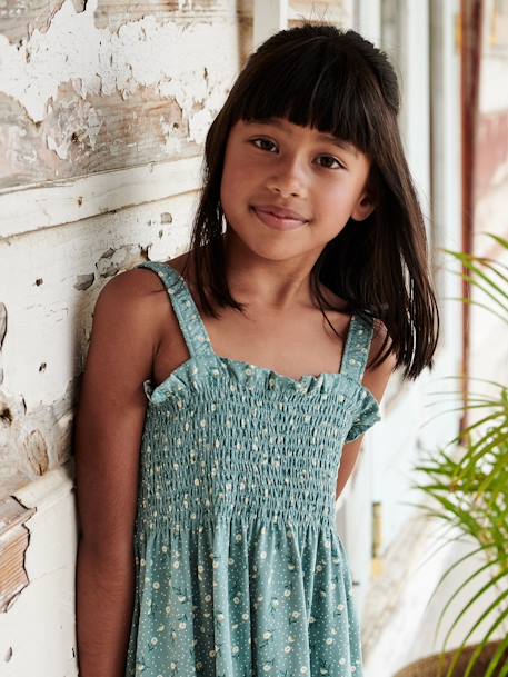 Vestido con smocks y tirantes para niña albaricoque+blanco estampado+verde esmeralda 