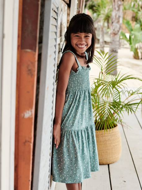 Vestido con smocks y tirantes para niña albaricoque+blanco estampado+verde esmeralda 