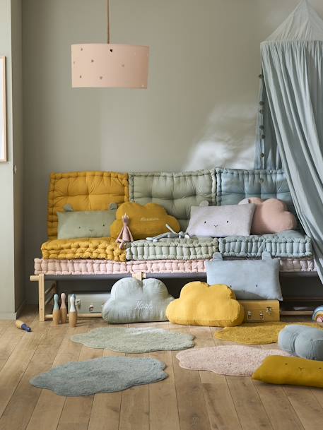 Colchón de suelo estilo futón azul grisáceo+gris jaspeado+mostaza+rosa maquillaje+verde sauce 