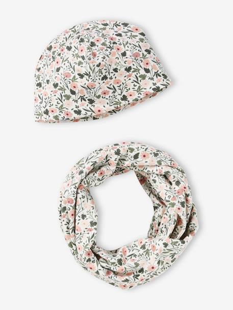 Conjunto con estampado de flores para niña: gorro + snood beige 