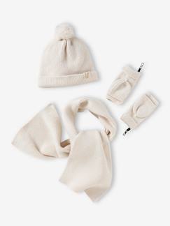 Conjunto de punto de canalé para niña: gorro + bufanda + manoplas/mitones