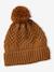 Conjunto gorro + snood + manoplas/mitones de punto trenzado para niño ocre+verde pino 