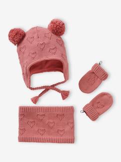 -Conjunto para bebé niña de gorro + snood + manoplas con corazones