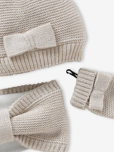 Conjunto para bebé niña de gorro + snood + manoplas con lazos crudo 