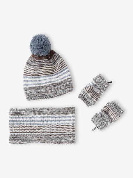 Conjunto gorro + snood + manoplas/mitones de jacquard para niño chocolate 