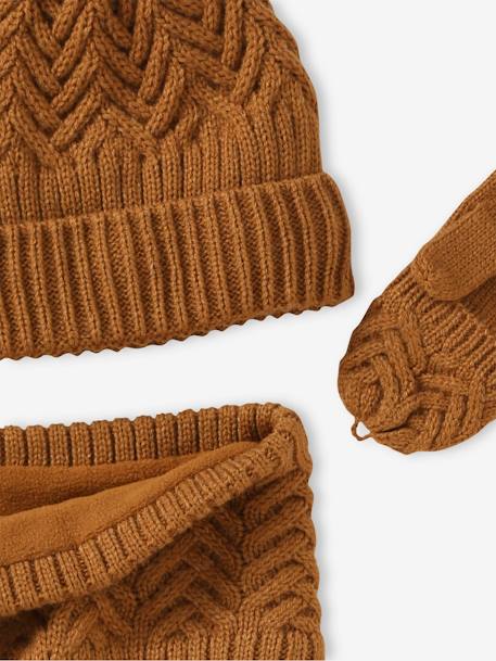 Conjunto gorro + snood + manoplas/mitones de punto trenzado para niño ocre+verde pino 