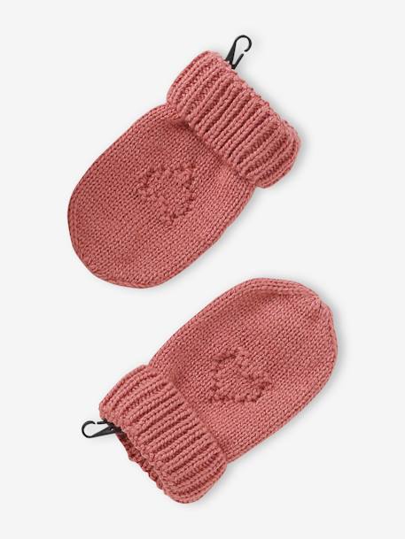 Conjunto para bebé niña de gorro + snood + manoplas con corazones rosa viejo 