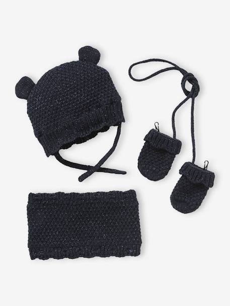 Conjunto para bebé niña de gorro + snood + manoplas azul marino 