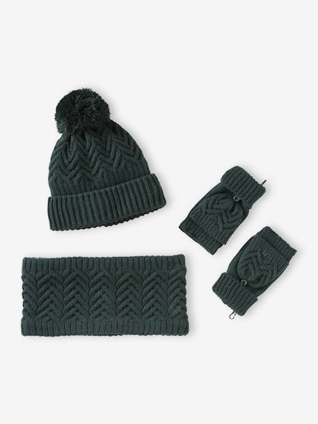 Conjunto gorro + snood + manoplas/mitones de punto trenzado para niño ocre+verde pino 