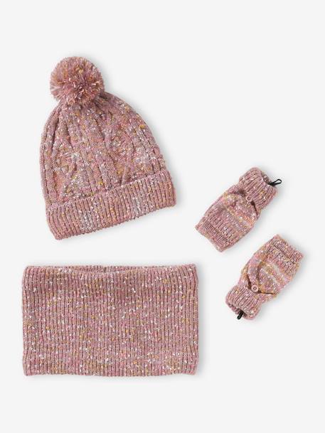 Conjunto para niña: gorro + snood + manoplas/mitones de punto trenzado malva 