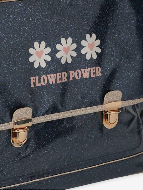 Mochila infantil brillante y estuche «Flower power» para niña azul oscuro 