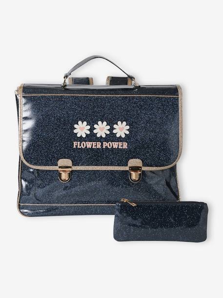 Mochila infantil brillante y estuche «Flower power» para niña azul oscuro 