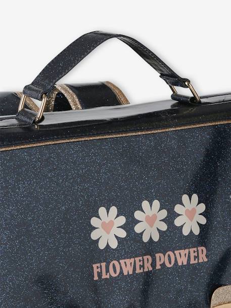 Mochila infantil brillante y estuche «Flower power» para niña azul oscuro 