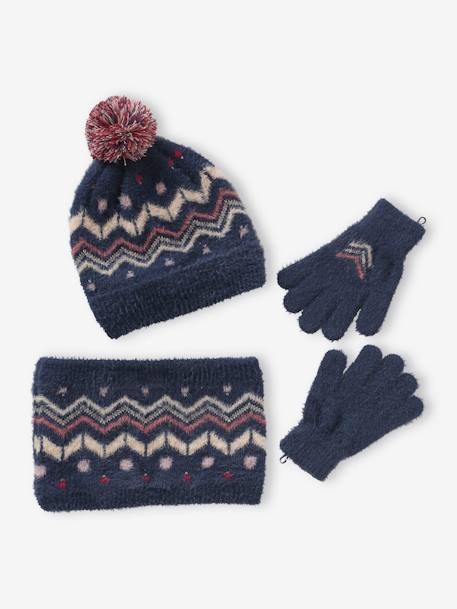 Conjunto para niña: gorro + snood + guantes o manoplas jacquard «fluffy» azul oscuro 