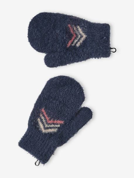 Conjunto para niña: gorro + snood + guantes o manoplas jacquard «fluffy» azul oscuro 