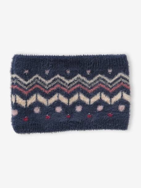 Conjunto para niña: gorro + snood + guantes o manoplas jacquard «fluffy» azul oscuro 