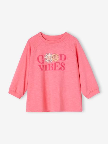 Camiseta «good vibes» con dibujo flatlock de terciopelo y flores para niña rosa chicle 