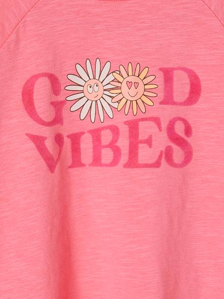 Camiseta «good vibes» con dibujo flatlock de terciopelo y flores para niña rosa chicle 