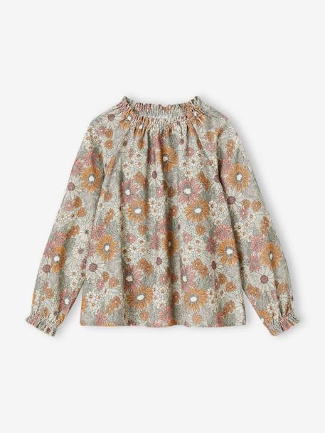 Blusa de pana milrayas con estampado de flores para niña gris oscuro+rosa maquillaje+verde agua 