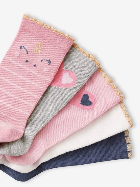 Pack de 5 pares de calcetines «unicornios y corazones» para niña rosa 