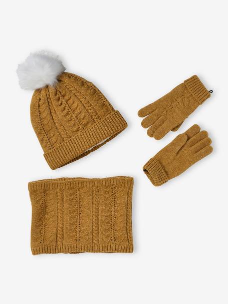 Conjunto gorro + snood + guantes o manoplas de punto trenzado para niña crudo+mostaza 