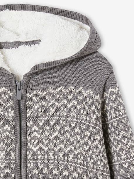 Chaqueta de punto con cremallera, capucha y forro de sherpa para niño azul marino+gris jaspeado 