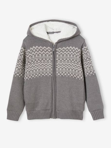 Chaqueta de punto con cremallera, capucha y forro de sherpa para niño azul marino+gris jaspeado 