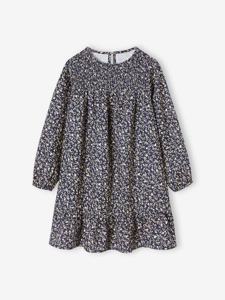 Vestido de manga larga con smocks y motivos de flores para niña azul marino+crudo 