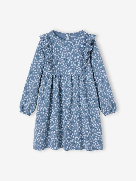 Vestido con estampado de flores y mangas con volantes para niña azul grisáceo 