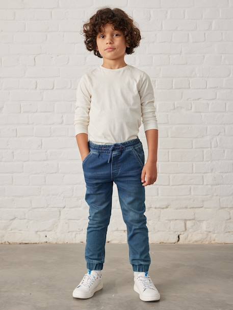 Pantalón de felpa efecto denim, fácil de vestir, para niño AZUL OSCURO LAVADO+GRIS CLARO LISO CON MOTIVOS 