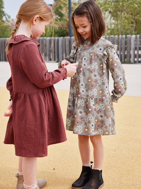 Vestido vaporoso con volante y motivos de flores, para niña azul oscuro+crudo+verde agua 