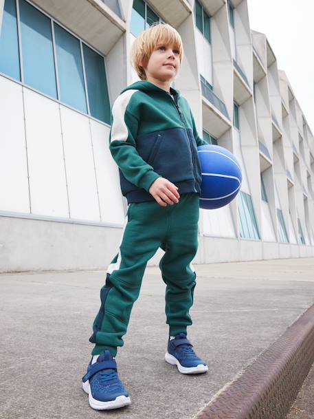 Sudadera deportiva con cremallera y capucha efecto colorblock niño burdeos+gris jaspeado+ocre+verde pino 