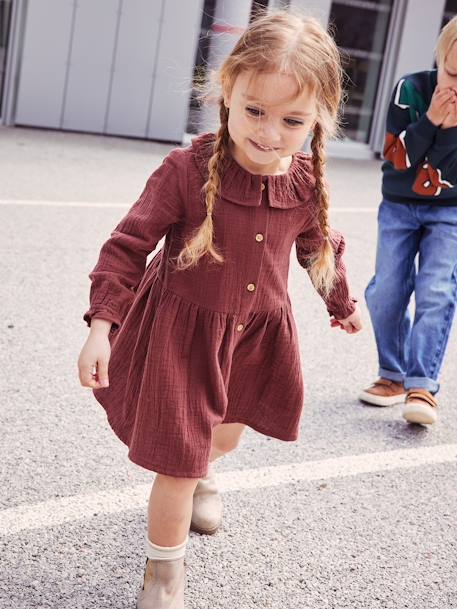 Vestido de gasa de algodón con botones para niña beige maquillaje+chocolate 