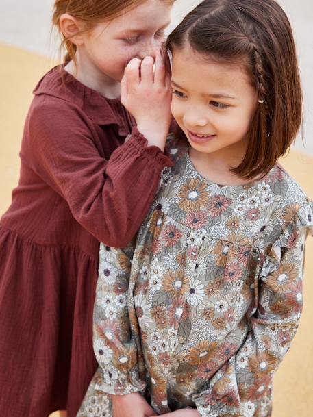 Vestido vaporoso con volante y motivos de flores, para niña azul oscuro+crudo+verde agua 