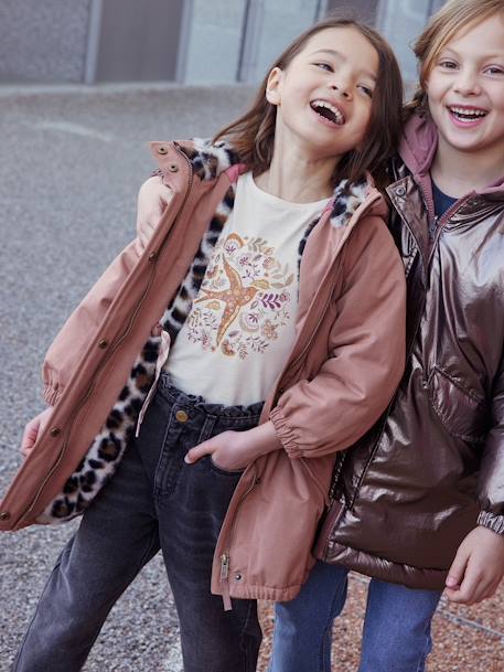 Parka con capucha y forro de piel sintética para niña caqui+rosa viejo 