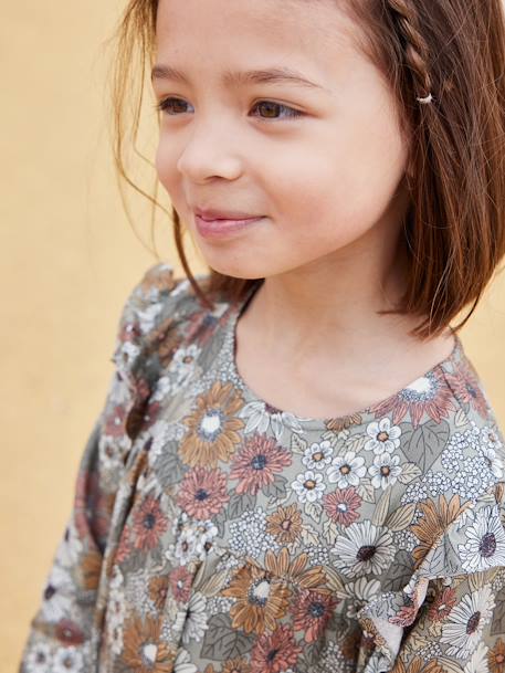 Vestido vaporoso con volante y motivos de flores, para niña azul oscuro+crudo+verde agua 